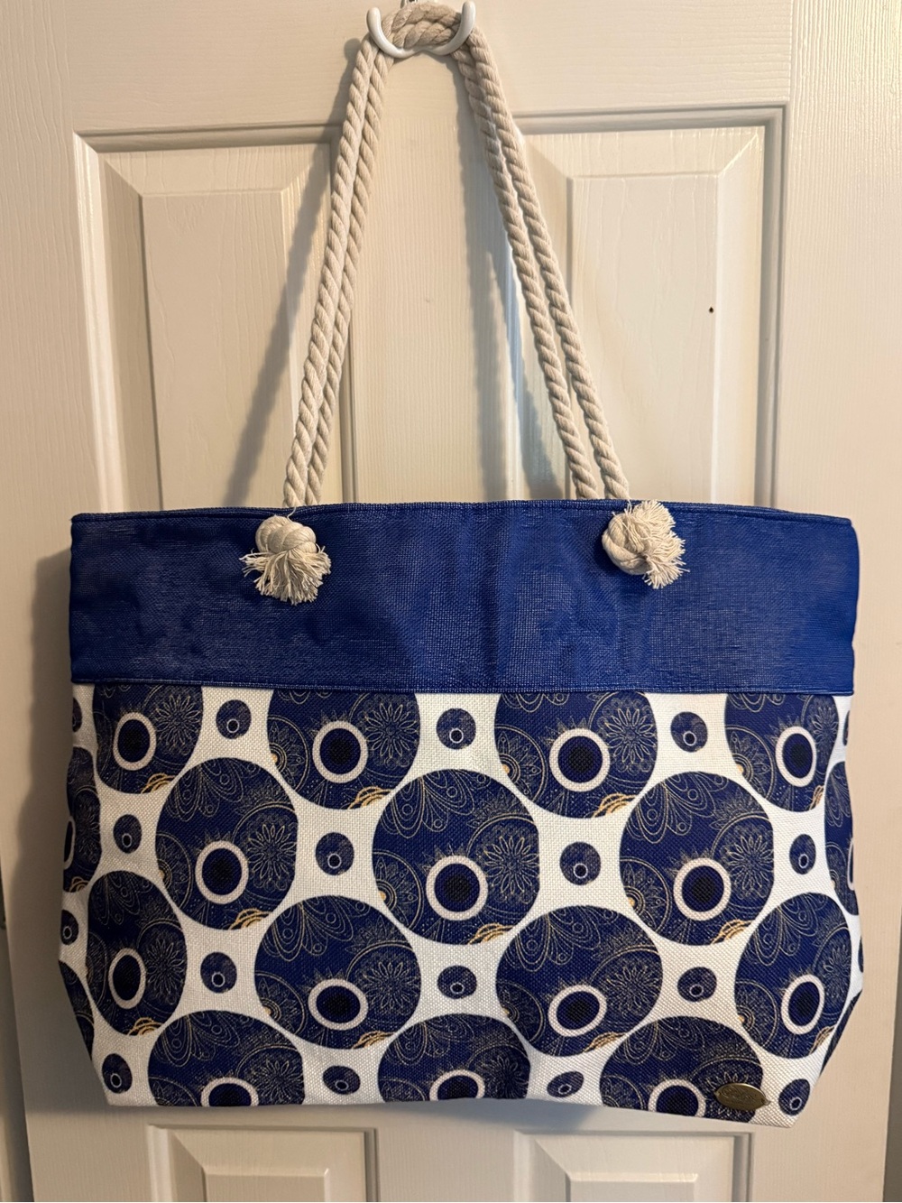 Evil Eye Blue/Gold/Beige Greek Themed 
22"x15" Tote
Imported from Greece